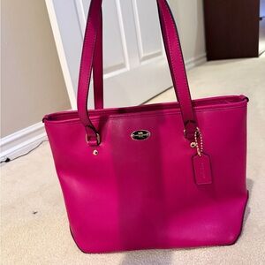 Coach Hot Pink Leather Tote with Gold Accents